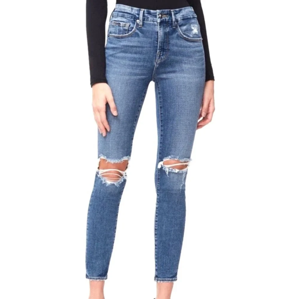 GOOD AMERICAN Good Legs Crop Jeans Sz 4 27 Medium Blue Wash Denim Distressed - Picture 1 of 10